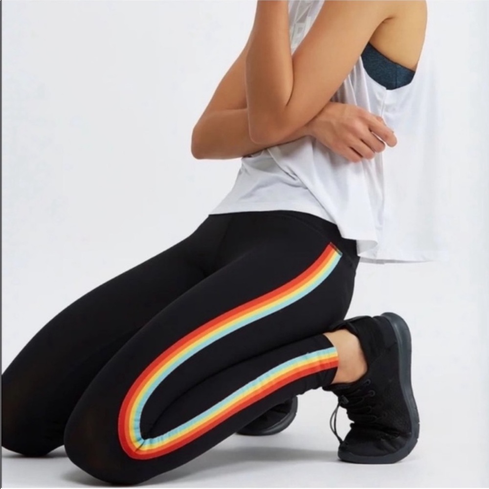Spiritual Gangster Black Leggings with Rainbow Side Stripes